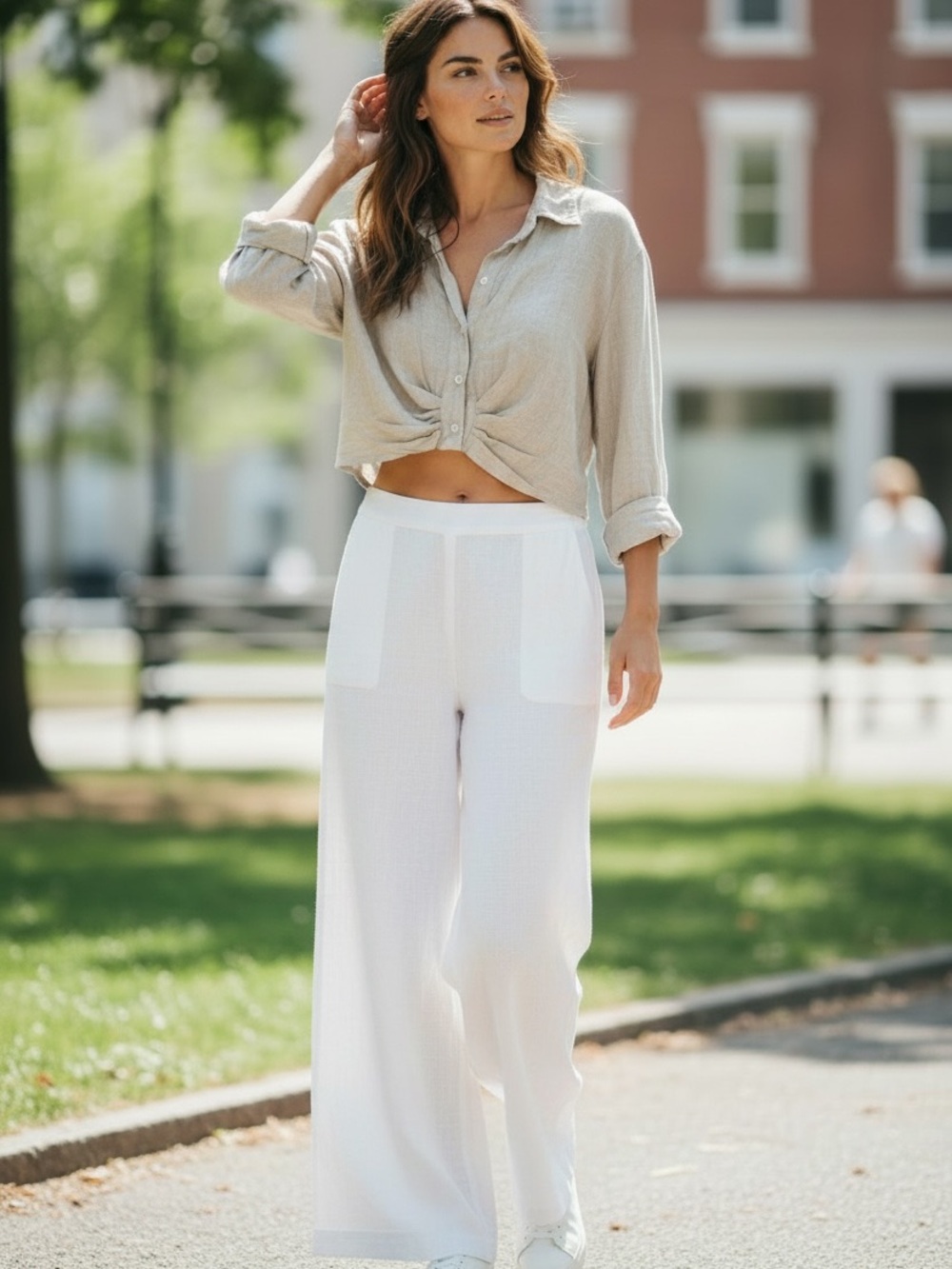 Rinascimento Beige Cropped Tie-Front Shirt- linen blend